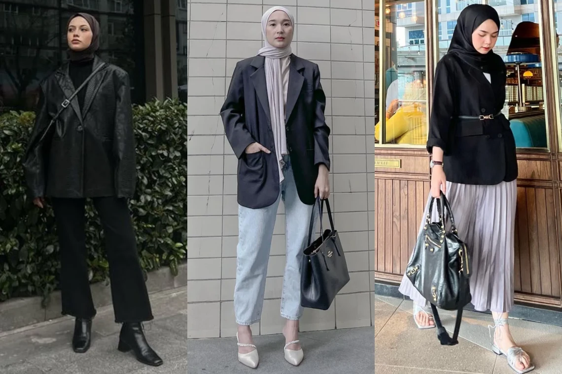 ootd blazer hitam hijab